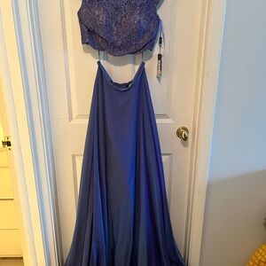 La Femme Purple Lace Prom Dress
